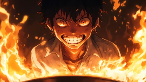 Intense anime boy with fiery grin framed by bright flames.