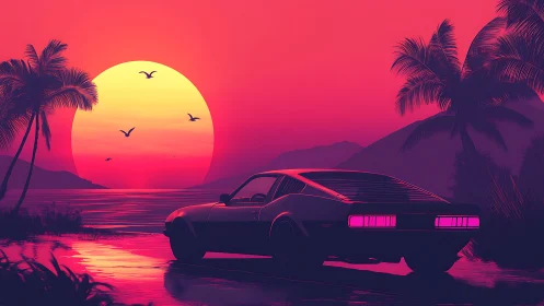 Retro sports car overlooks neon sunset beach horizon