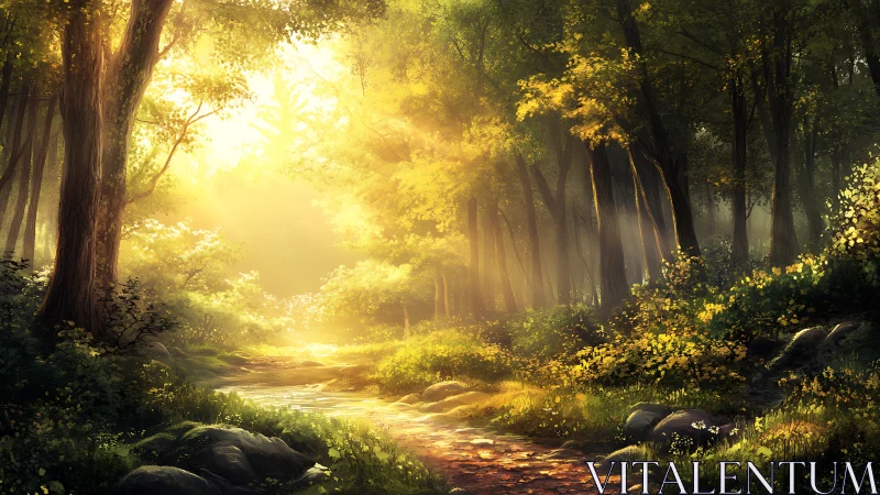 Golden Forest Pathway with Stream and Sunlight.