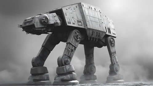 Massive four legged sci fi combat walker in gray fog.