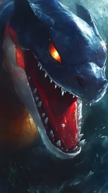 Hydrodynamic draconic predator with incandescent ocular focus.