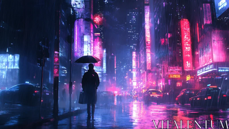 Solitary figure in neon rain on futuristic city avenue.
