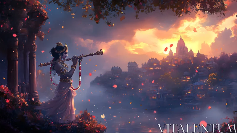 Divine flute player over luminous riverside temple city at dusk