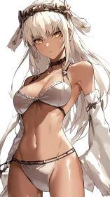High-contrast anime warrior girl in white bikini with metallic accents