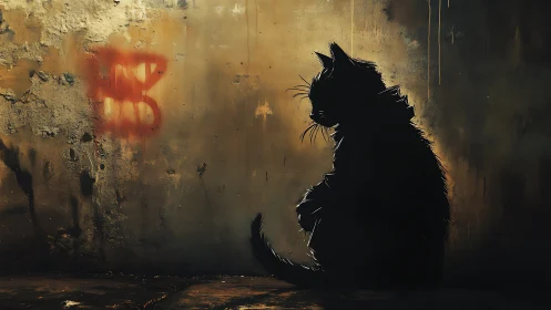 Solitary Black Cat Silhouette Against Decaying Urban Wall.