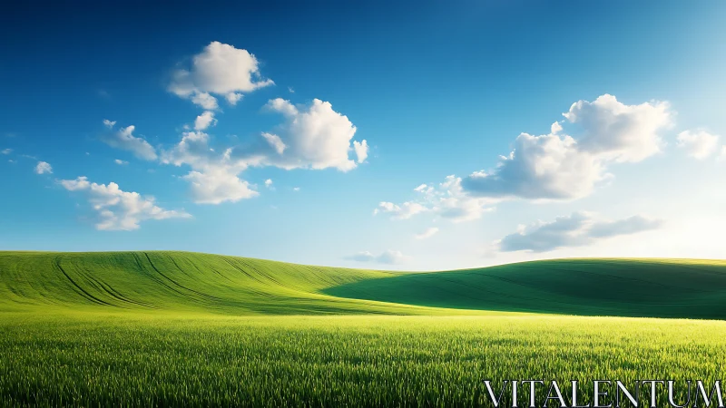 Sunlit green hills under expansive blue afternoon sky.