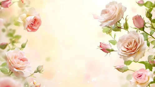 Soft Pink and Peach Roses with Green Foliage on Cream Background