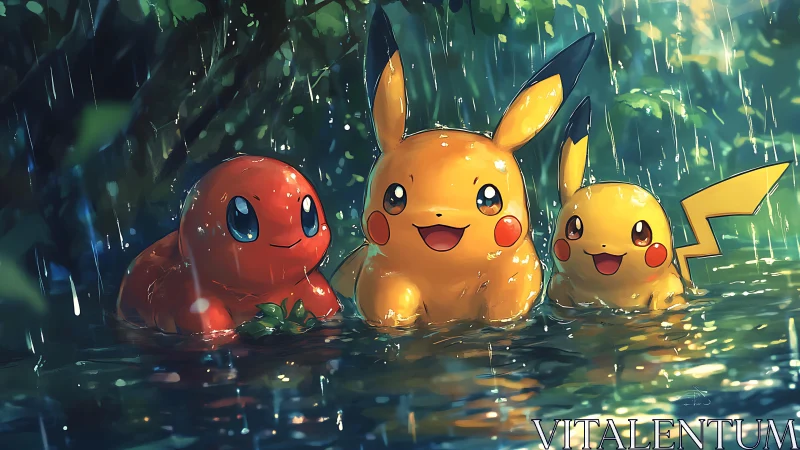 Rainy day puddle party with bright, smiling creatures.