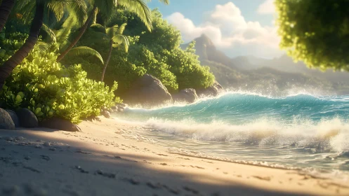Tropical Beach Cove with Turquoise Waves and Lush Vegetation