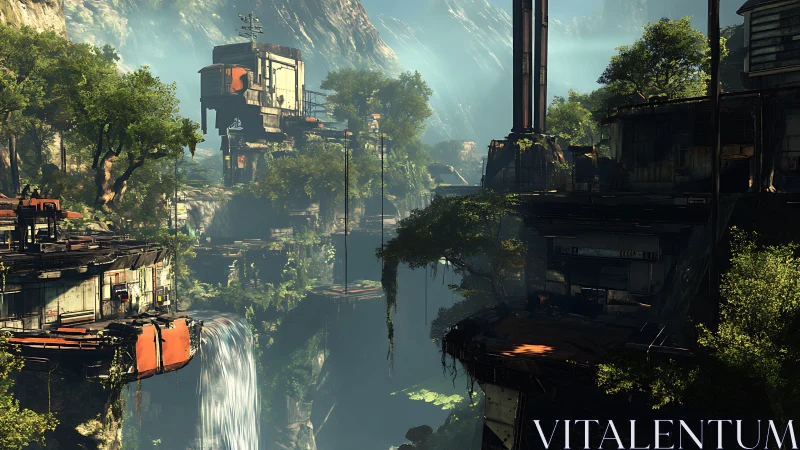 Futuristic jungle outpost rises over misty waterfall gorge