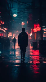 Solitary silhouette crossing neon-soaked midnight alleyway.