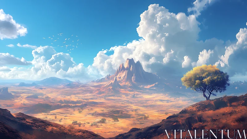Sunlit desert valley with lone tree and soaring clouds.