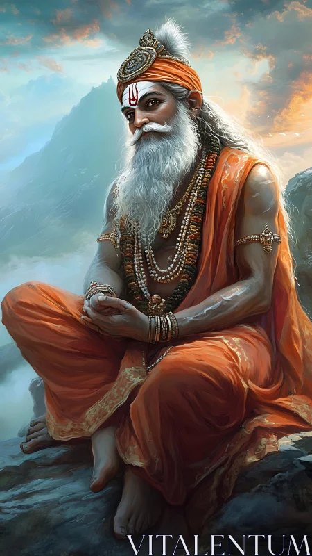 Mountain sage in saffron robes under dramatic dawn sky.