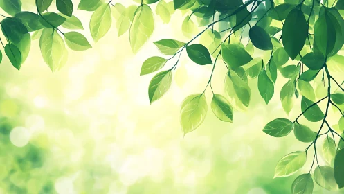 Sunlit green leaves drift gently in soft morning glow.
