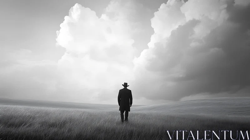 Lone figure in vast grayscale field under towering clouds.