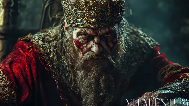 Battle-scarred medieval king glares from a shadowed throne