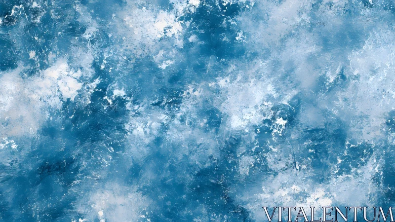 Textured blue abstract painting with cloudy brushstrokes and depth.