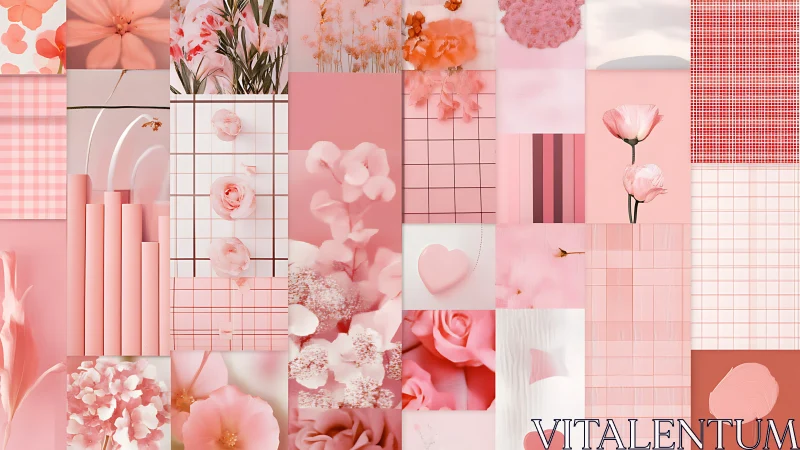 Blush pink moodboard of petals, grids and candy hearts.
