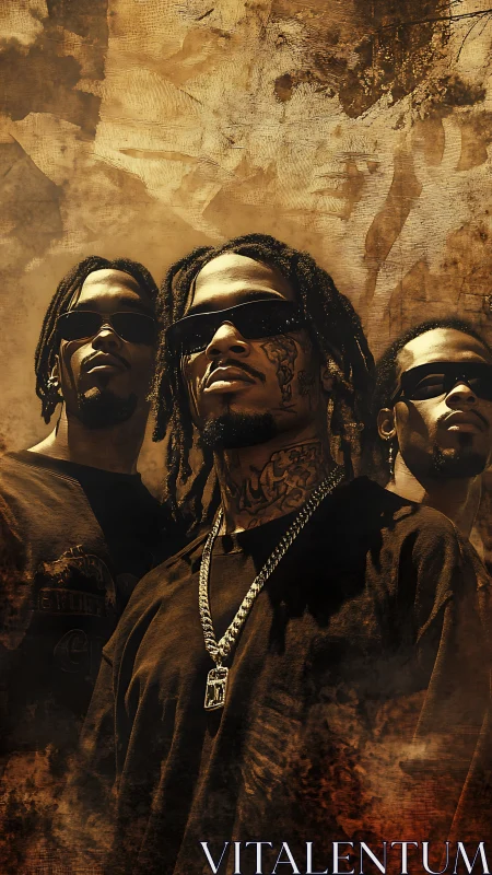 Rap trio portrait under gritty golden textured haze.