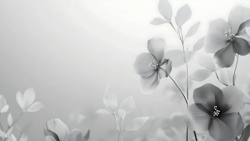 Monochromatic floral composition with botanical stems and blossoms.