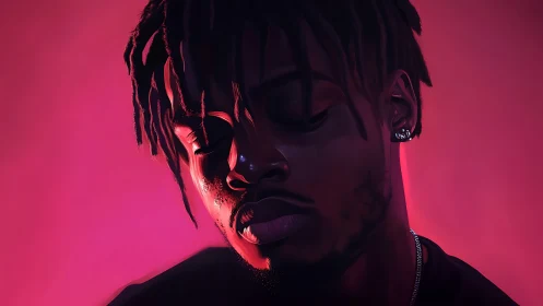 Neon-lit digital portrait renders introspective male profile in chiaroscuro