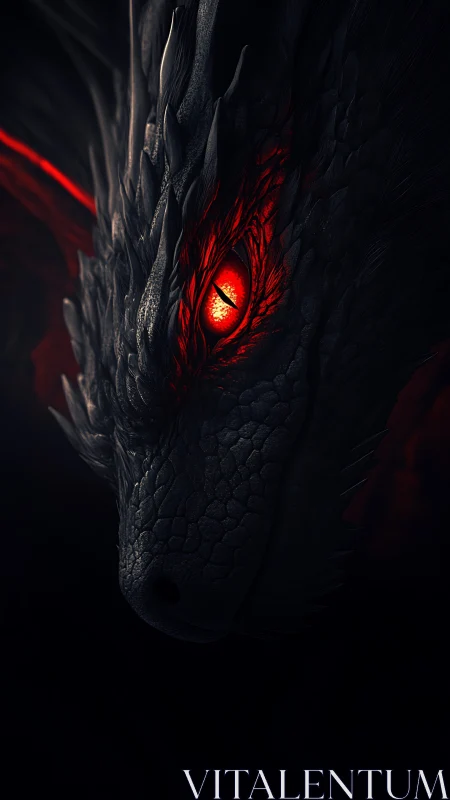 Dark scaled dragon head with illuminated red central eye.