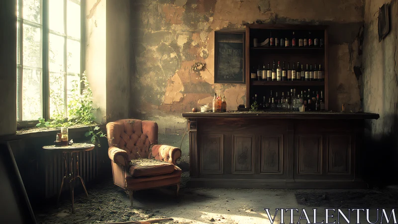Decaying sunlit bar interior shows worn armchair and bottles
