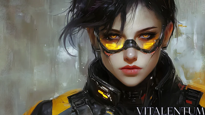 Cybernetic operative portrait shows HUD visor and tactical exosuit