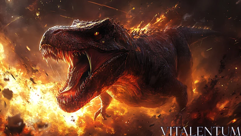 Flaming tyrannosaurus charges through erupting inferno