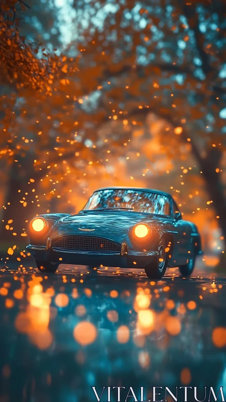 Midnight teal roadster gliding through emberlit forest glow.