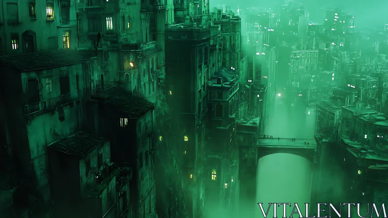 Emerald fog engulfs towering canyon city and lone bridge.
