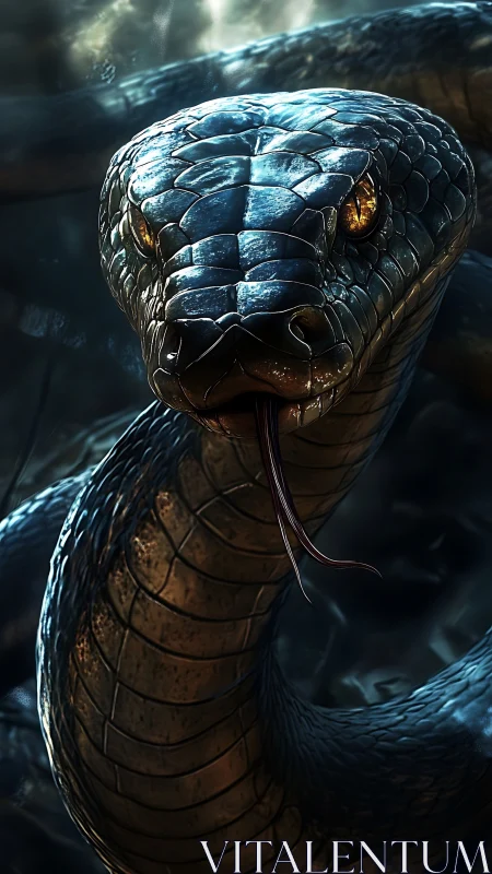 Gleaming serpent gazes forward with calm, mysterious charm.