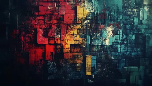 Abstract brick wall with red, yellow and teal painted blocks