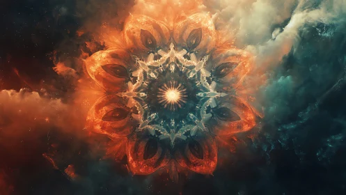 Celestial mandala blooms like a fiery nebula in space.
