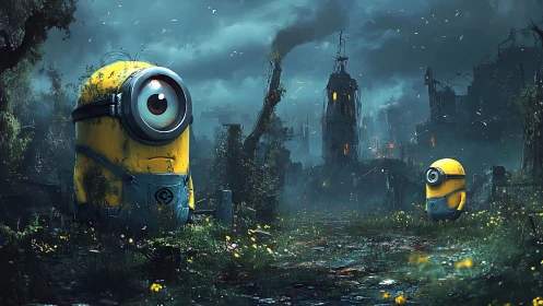 Yellow cyclopean figures in overgrown industrial ruins.