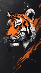 Tiger gaze in bold orange strokes on deep charcoal canvas.