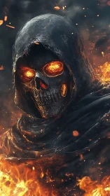 Infernal hooded reaper with ember eyes rising through fire.