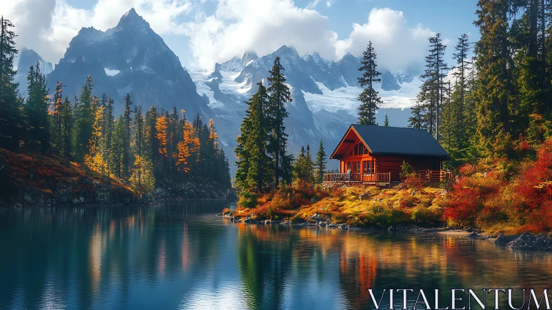 Cozy red lakeside cabin cradled by bright autumn mountains.