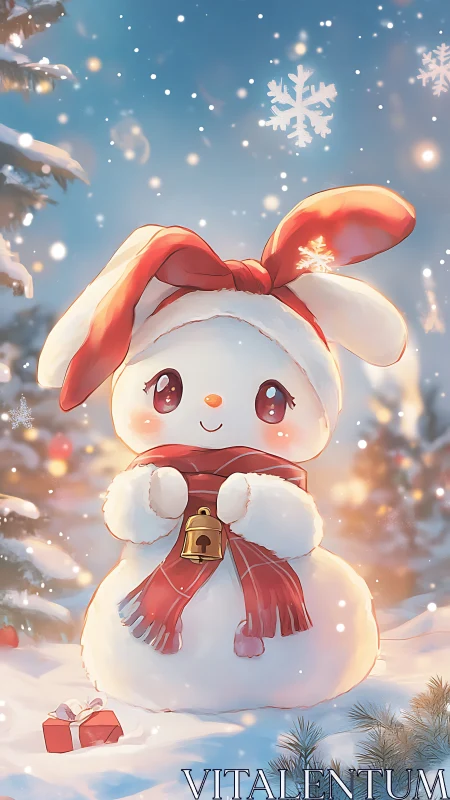 Snow bunny snowman with red scarf in winter scene.