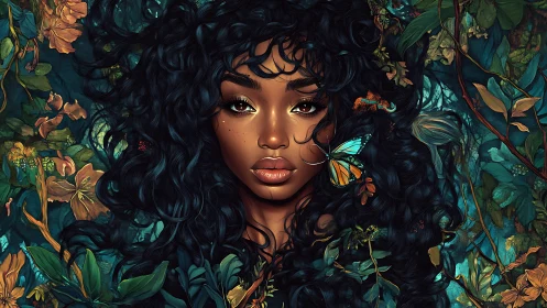 Mystical forest muse framed by lush teal foliage and curls