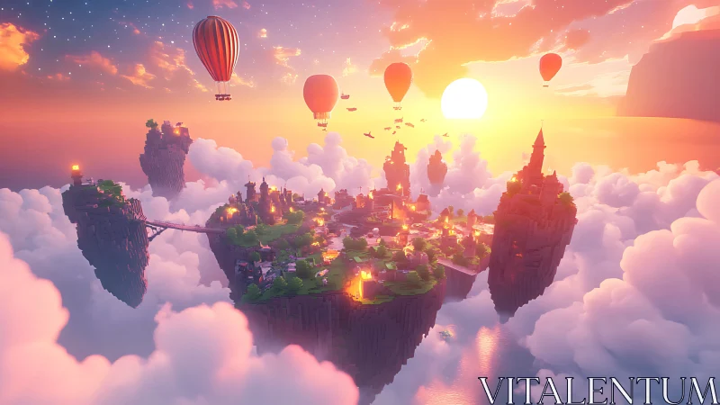 Floating castle city above clouds at sunset with hot air balloons