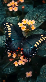 Midnight-toned butterfly rests gently among soft blossoms