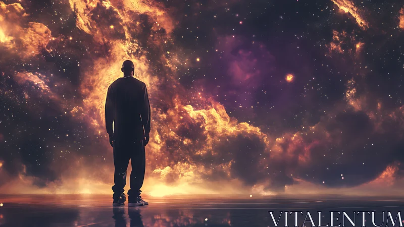 Solitary figure contemplates a luminous cosmic horizon.