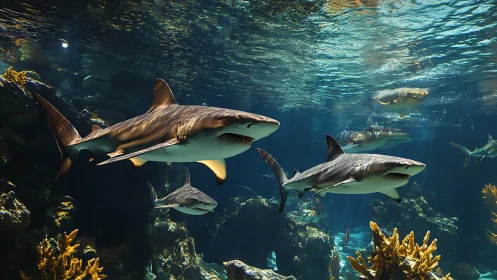 Predatory sharks gliding through sunlit reef waters.