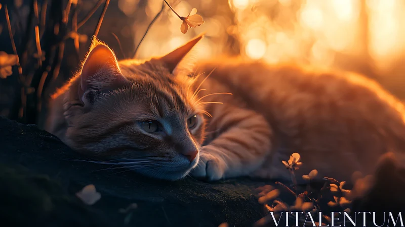 Cat Contemplates Twilight's Gossamer Petals Against Golden Glow