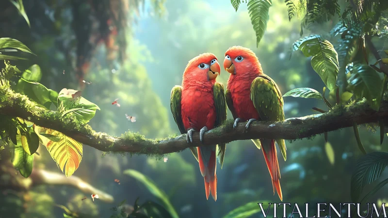 Two Colorful Parrots on Jungle Branch, Vibrant Realistic Art.