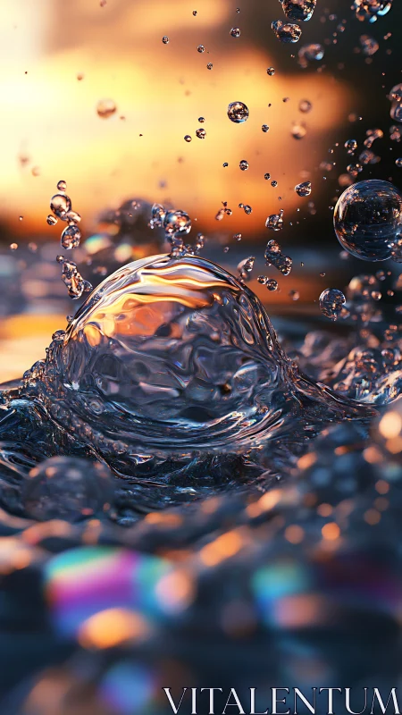 Close-up liquid splash with suspended droplets at sunset.