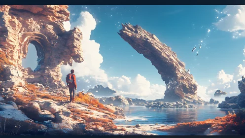 Solitary figure near eroded arch and tilted rock over water.