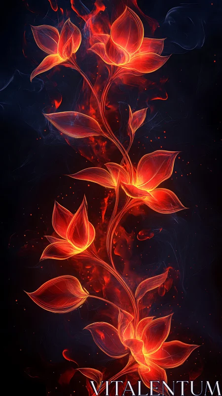 Flaming lotus vine rising through deep cosmic shadow.
