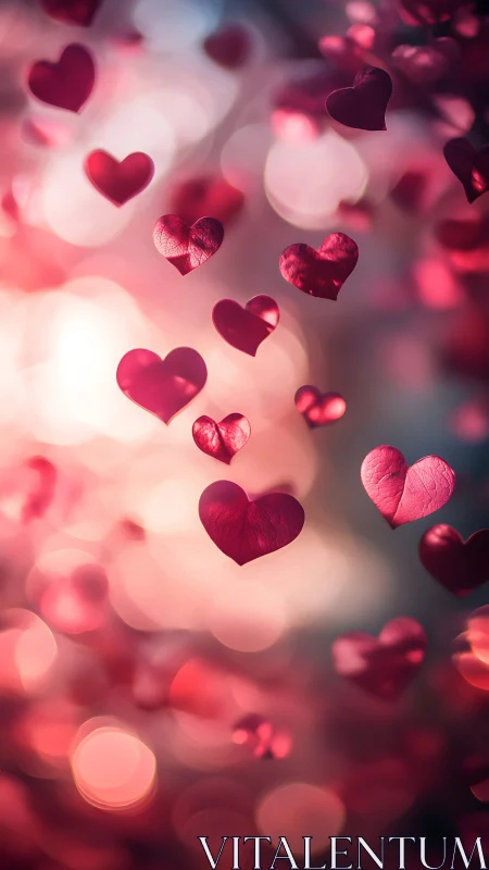 Pink and crimson heart shapes with bokeh background blur effect.